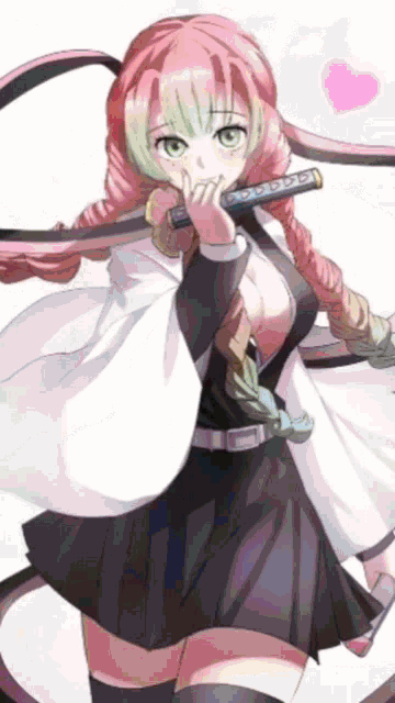 a girl with pink hair is holding a sword and covering her mouth