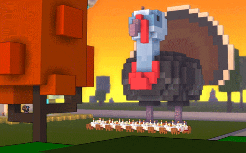 a pixelated turkey stands in front of a row of tables with candles on them