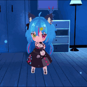 a cartoon character with blue hair and red eyes is standing in a room with the words stay tubular above her