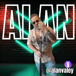 a man singing into a microphone in front of a brick wall with the word alan on it