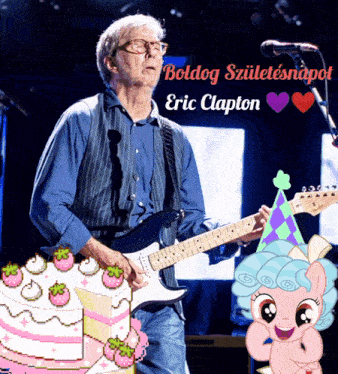 eric clapton is playing a guitar in front of a cake