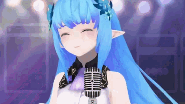 a girl with long blue hair is holding a microphone
