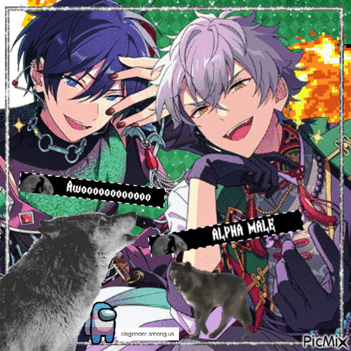 a picture of two anime characters with among us written on the bottom