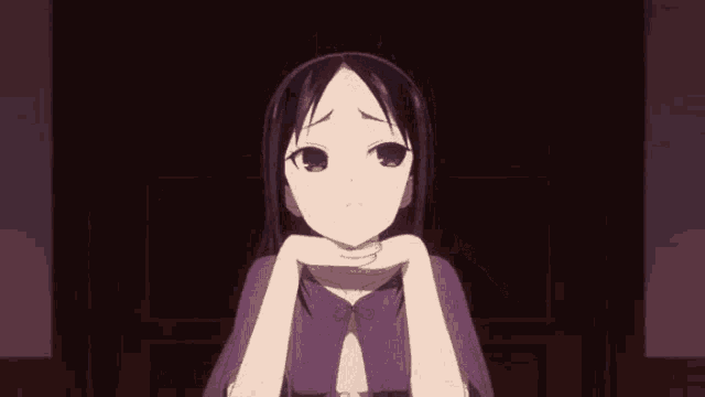 a girl in a purple dress is sitting with her hands on her chin and looking up .