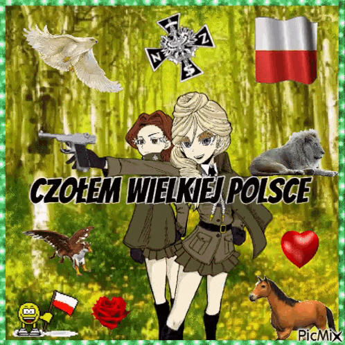a picture of two girls holding guns and the words " czolem wielkiej polsce " on the bottom