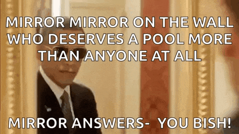 a man in a suit and tie is standing in front of a mirror with the words mirror mirror on the wall who deserves a pool more