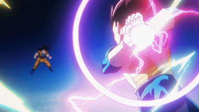 goku and vegeta are fighting each other in a cartoon and vegeta is using a lightning bolt to destroy goku .