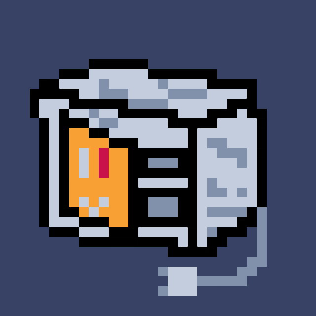 a pixel art illustration of a smiley face with a red eye