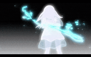 a girl in a white dress is holding a glowing sword