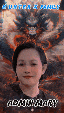 a woman with a dragon in the background and the name admin mary on the bottom