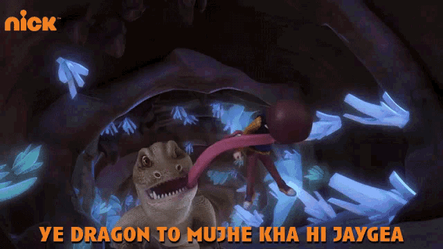 a cartoon of a girl riding a dragon with the words ye dragon to mujhe kha hi jaygea