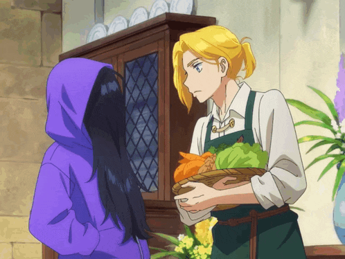 a girl in a purple hoodie stands next to a man in an apron holding vegetables