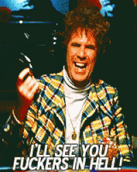 a man in a plaid jacket is saying i 'll see you fuckers in hell