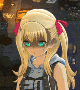 a girl with blonde hair and green eyes is wearing a vest that says ec