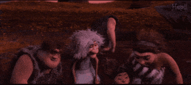 a group of cartoon characters are standing in a field with the word hepii on the bottom