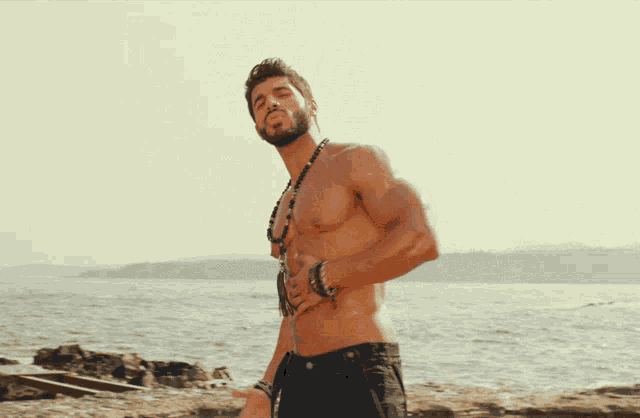 a shirtless man wearing a necklace and bracelets stands on a beach