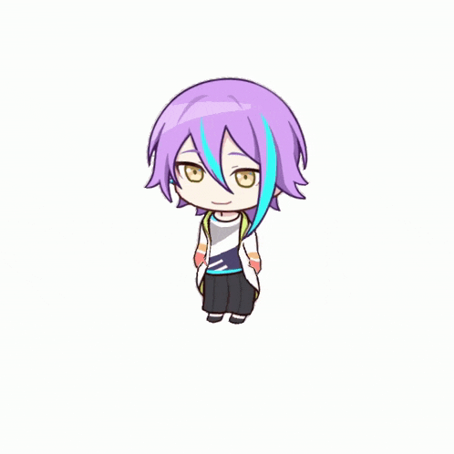 a chibi drawing of a person with purple hair and blue stripes
