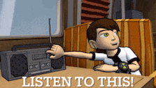 a cartoon of ben tennyson listening to a radio with the words listen to this written below him