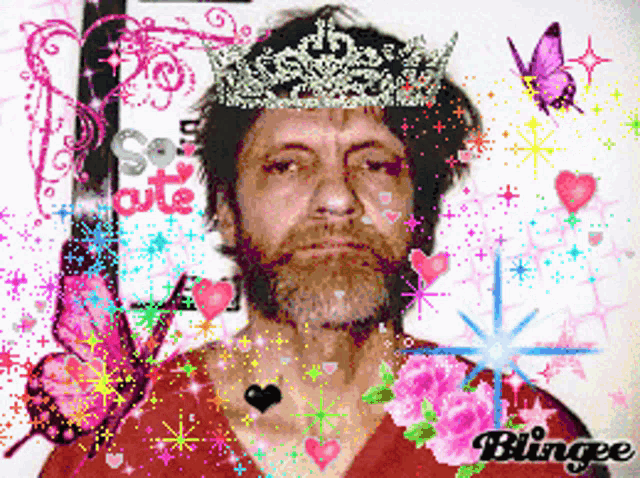 a man with a crown on his head is surrounded by pink butterflies