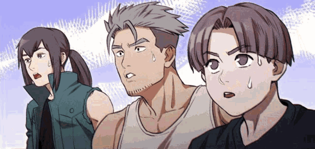 three anime characters are standing next to each other