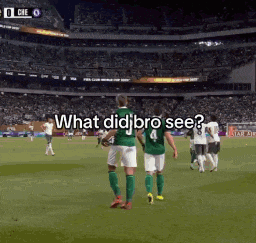 two soccer players walking on a field with the words what did bro see