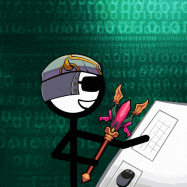 a stick figure holding a sword in front of a computer with a binary background