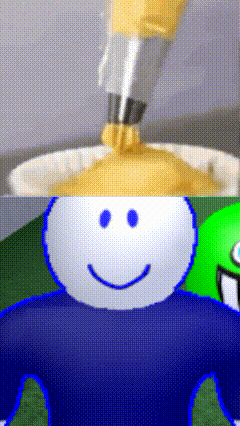 a close up of a person 's face with a smiley face and a bowl of food in the background .
