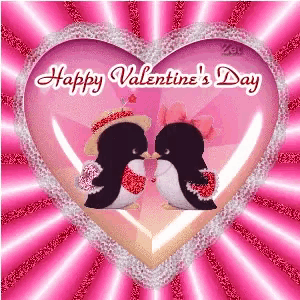 two penguins kissing in front of a heart that says happy valentines day
