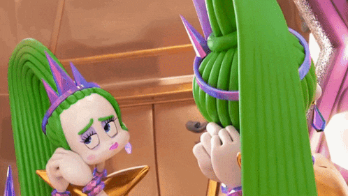 a cartoon character with green hair is looking at her reflection in a mirror .