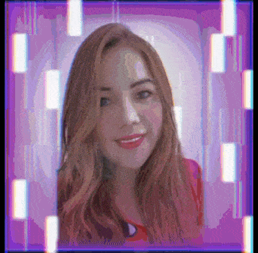 a woman 's face is framed in a purple frame