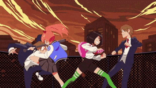 a group of anime characters are fighting over a fence and one of them has the number 1 on her jacket