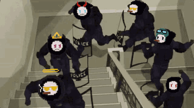 a group of pixelated police officers are walking down a set of stairs
