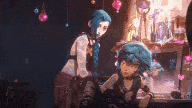 a girl with blue hair is standing next to a girl with pink hair