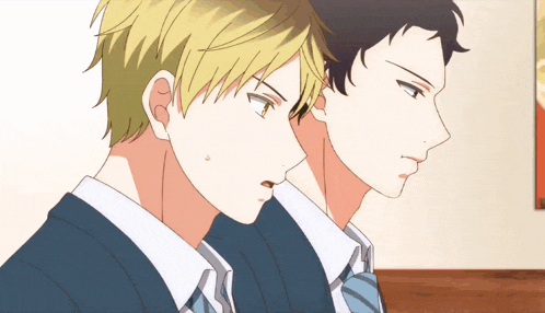 two anime characters are standing next to each other and one has a shocked look on his face