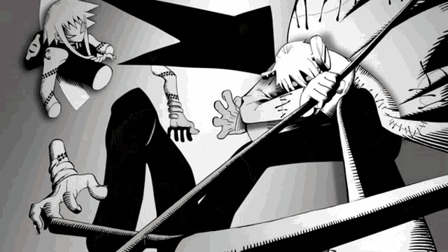 a black and white drawing of a person holding a stick