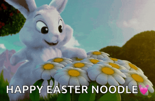 a cartoon bunny is holding a bunch of daisies and the words happy easter noodle are below it