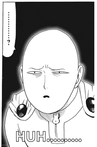 a black and white drawing of a bald man with a speech bubble saying huh