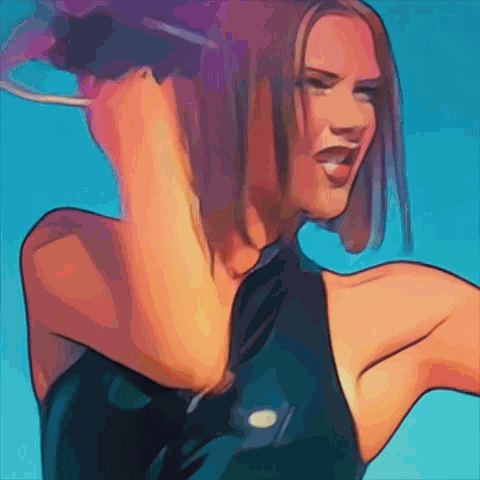 a drawing of a woman in a black top with purple hair