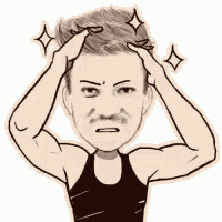 a cartoon man is holding his head with his hands .