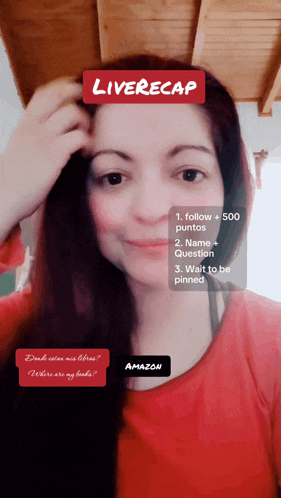 a woman in a red shirt has a liverecap app on her phone