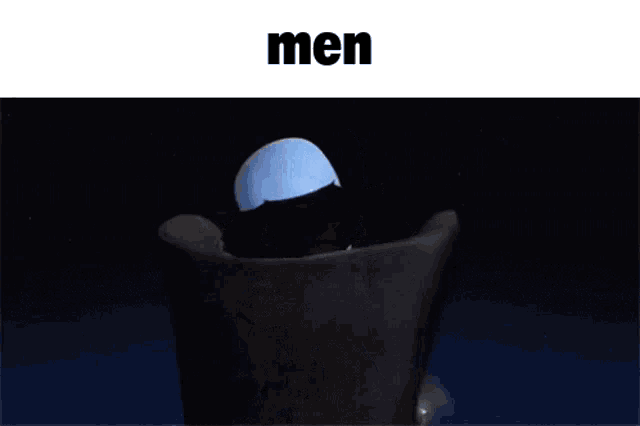 a cartoon character with a large head is sitting in a chair with the word men above him