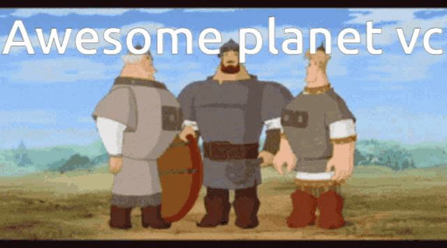 three cartoon warriors are standing in a field with the words awesome planet ve on the bottom