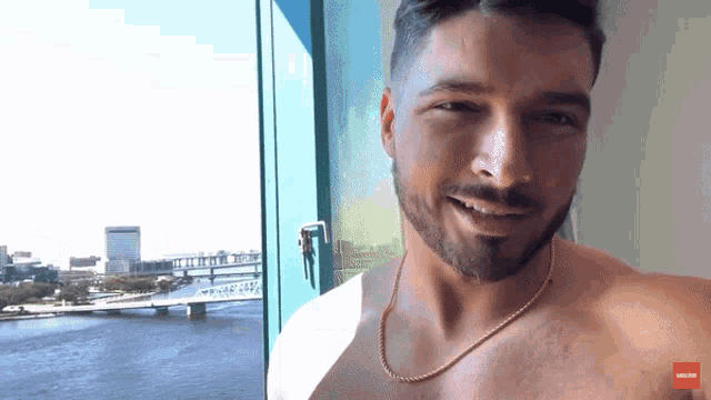 a shirtless man with a beard is smiling in front of a window