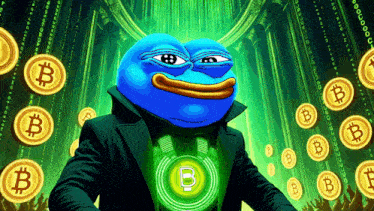 a blue frog surrounded by gold coins with the letter b on it