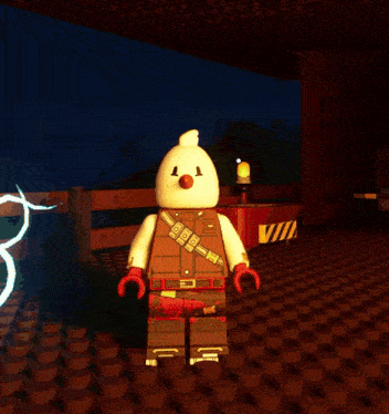 a lego character holding a green object with the letter v on the bottom