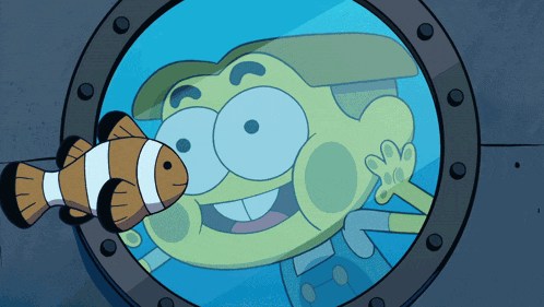 a cartoon character is looking at a clown fish through a window