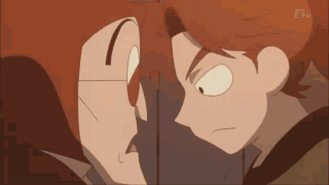 a couple of cartoon characters looking at each other with the letters e on the bottom