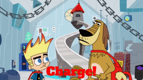 a cartoon of a boy and a dog with the word charge written in red