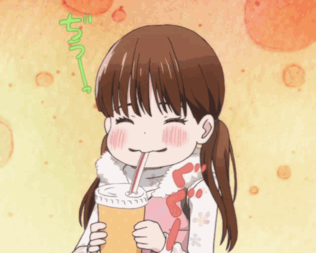 a girl drinking through a straw with bubbles behind her and a green arrow pointing up