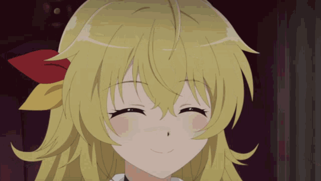 a close up of a blonde anime girl with a red bow in her hair